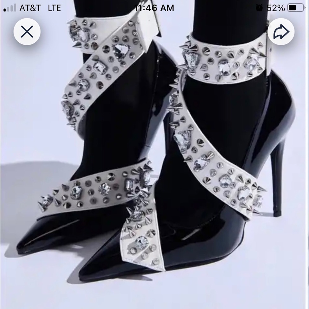Black Patent Pointed Toe High-Heel Ankle Strap Pumps with Crystal Studs